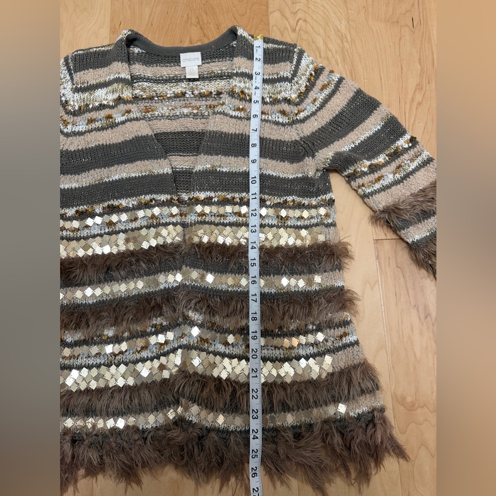 Chicos Open Front Cardigan Sweater Sequin Faux Fur Trim Striped Gold Size 0 - Picture 10 of 11